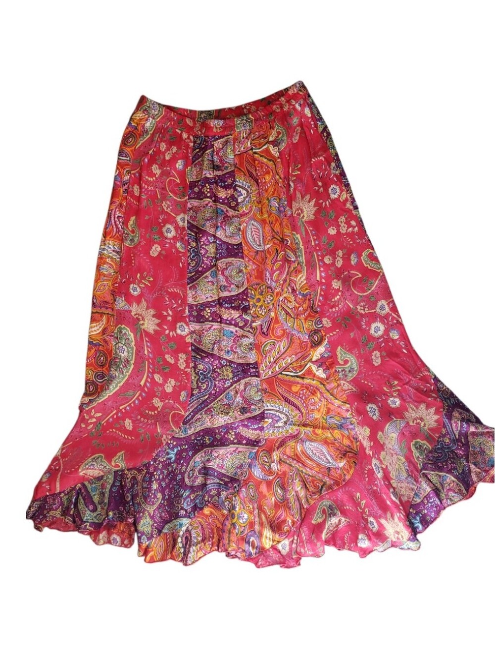 Vintage Requirements Boho Pink Paisley Patchwork Gores Ruffle Hem Maxi M Skirt